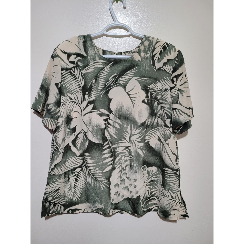 Vintage K.C. Studio Tropical Pineapple Blouse Women Large Green Cream Short Slv